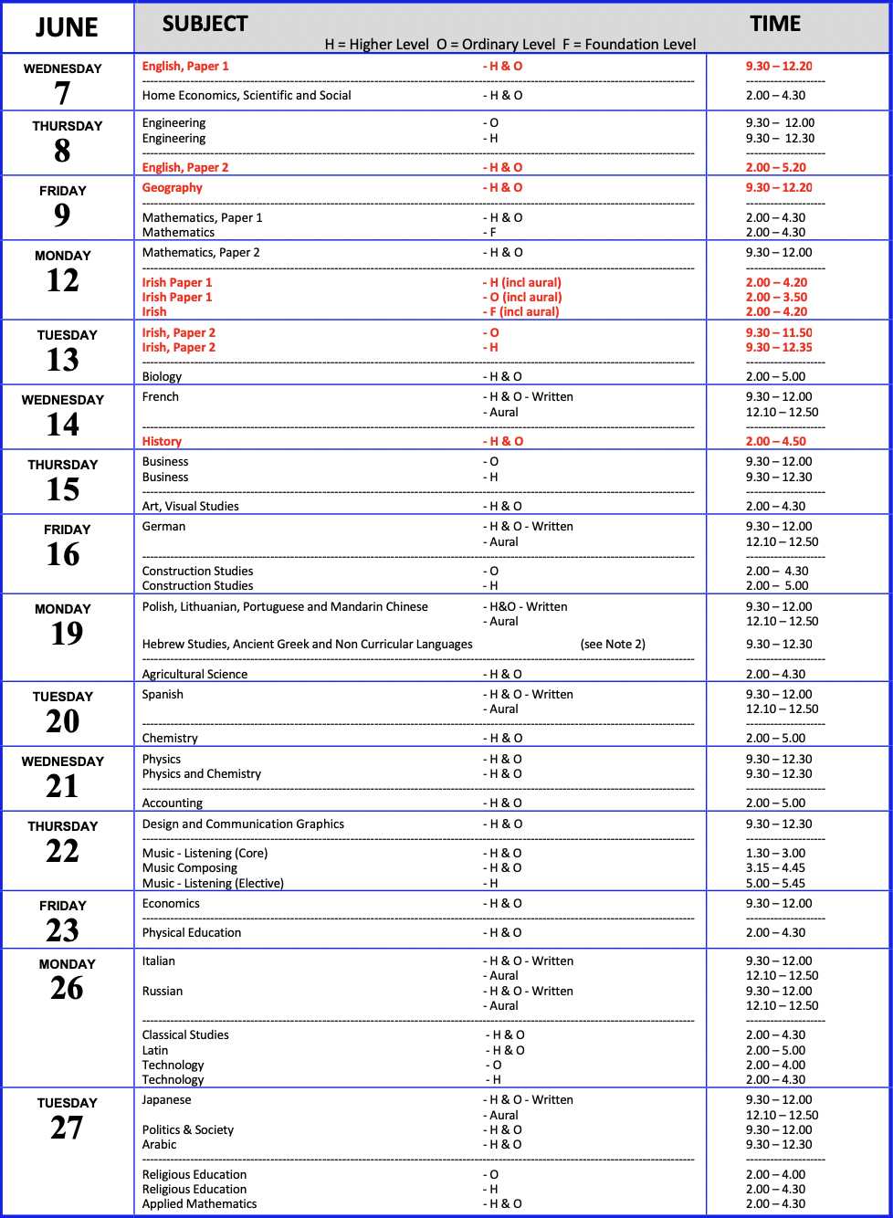 Leaving Cert Timetable 2023 - Breakthrough Maths